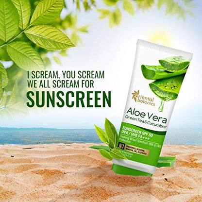 Oriental Botanics Aloe Vera, Green Tea & Cucumber Cream Sunscreen SPF 50, 100 ml | Infused with Aloeects Skin | No Parabens & Sulphates | Cruelty Free