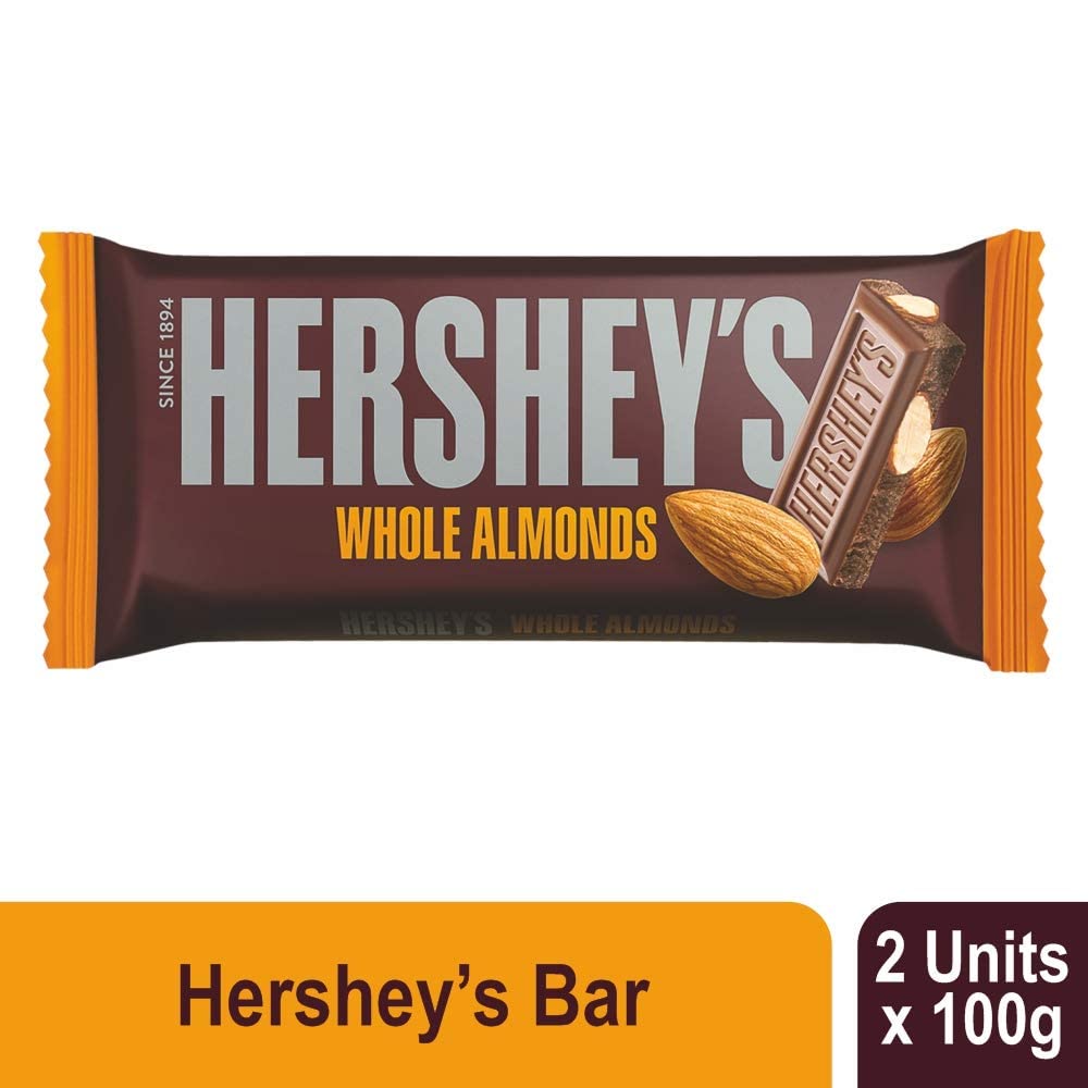 HERSHEY'S Whole Almonds Bar | A Crunchy Chocolaty Treat 100g - Pack of 2