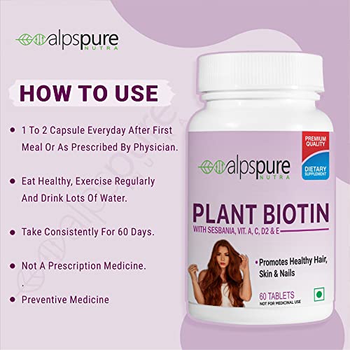 Alpspure Nutra Biotin, Supplements for Hair Growth, Strong Hairs, Glowing Skin & Healthy Nails | Redl Biotin Source Sesbania Extract | 60 Veg. Tablets