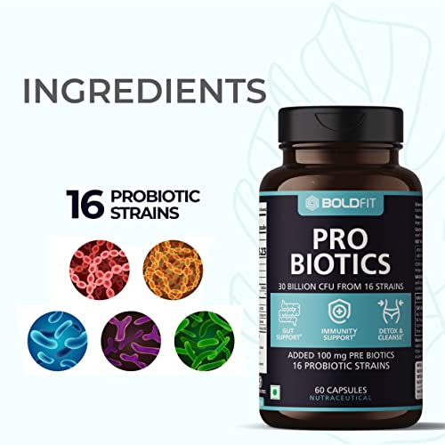 Boldfit Probiotics Supplement 30 Billion CFU For Men & Women with 16 Strains & Prebiotics - Gut Support, Digestion, Detox & Cleanse - 60 Veg Caps