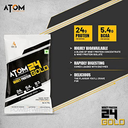 Asitis ATOM 24 Gold Whey Protein Single Sachet - 31 gm | Whey Isolate & Concentrate | 24g Protein | 5.4g BCAA