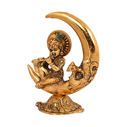 Collectible India Baby Krishna Idol Murti Statue for Home Puja Decor - Gold Plated Krishna Idols on Moon Showpiece Decorative Gifts Set (Set of 1)