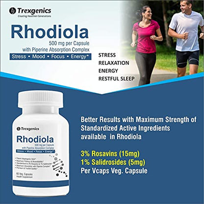 Trexgenics Rhodiola Rosea Standardized 500mg Premium Adaptogen Complex with Piperine (60 Veg.Capsules) (1)