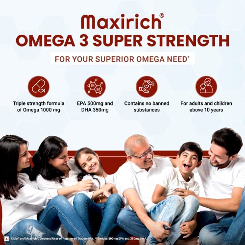 Cipla Maxirich Omega 3 | Super Strength Capsule | EPA 500mg | DHA 350mg | Immune Booster Capsules | rts Heart, Eye, Joint & Brain Health | 60 Capsules