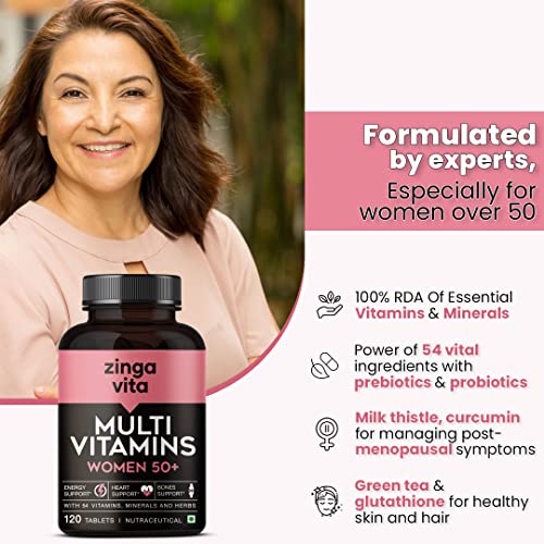 Zingavita Multivitamin for Women 50+ Age - 120 Tabs with 26 Vit, Minerals & Herbal Extracts for Heart, Joints, Skin & Cognitive Support | 1 Daily
