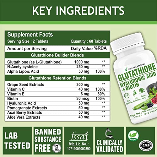 GOA NUTRITIONS Glutathione Tablets 1000mg (L Glutathione) With Vitamin E, C, Hyaluronic Acid, Biotined Extract. For Face, And Skin Health -60 (Pack 1)