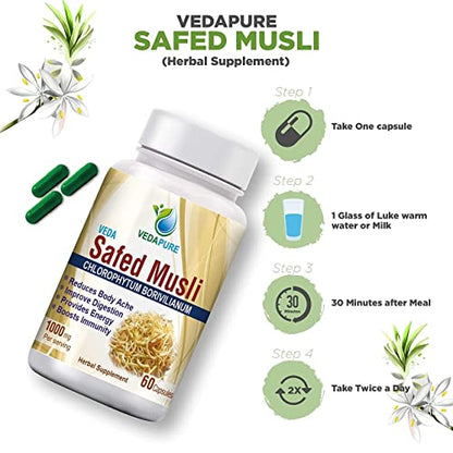Vedapure Safed musli | Safed Musli Extract Capsules 1000mg (60 Capsules- Pack of 1)