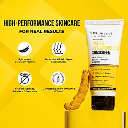 Dr. Sheth's Haldi & Hyaluronic Acid Sunscreen with 1% Hyaluronic Acid & 1% Turmeric Extract | Spf 50gainst UVA/UVB & Blue light | For Women & Men -50g