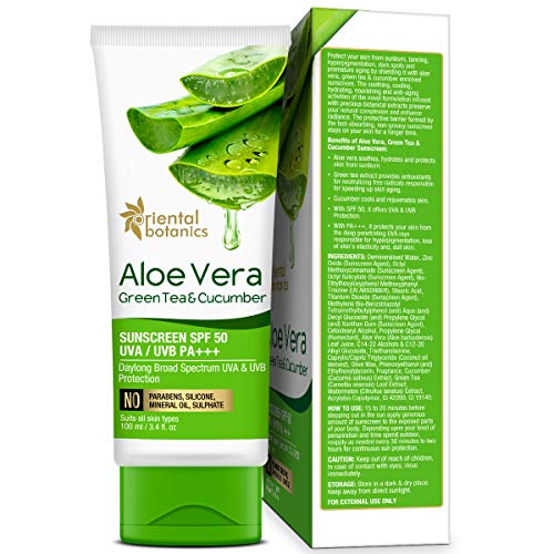 Oriental Botanics Aloe Vera, Green Tea & Cucumber Cream Sunscreen SPF 50, 100 ml | Infused with Aloeects Skin | No Parabens & Sulphates | Cruelty Free