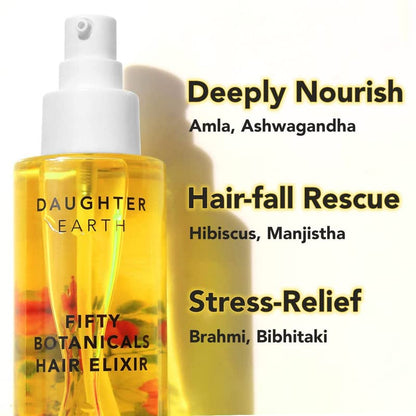 DAUGHTER EARTH Fifty Botanicals Hair Elixir | Hair Serum For Scalp Health Root To Tip Care | Stress airfall Rescue | Lightweight & Non-Greasy | 100 ml