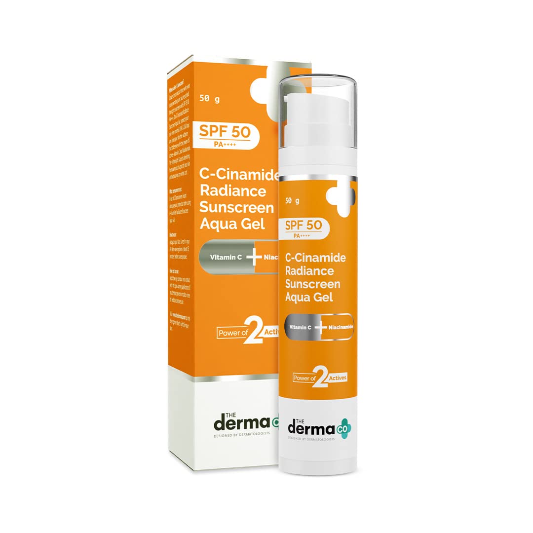 The Derma Co C-Cinamide Sunscreen SPF 50 Aqua Gel, with Vitamin C & Niacinamide, PA++++, Lightweighthite Cast for Sun Protection & Glowing Skin - 50gm