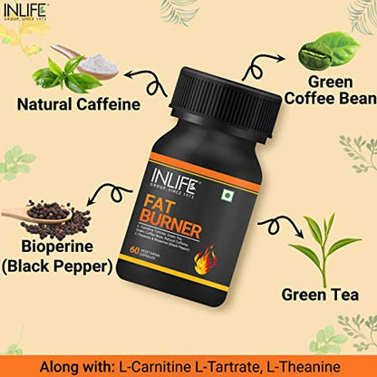 INLIFE Fat Burner with L-Carnitine, Natural Caffeine, L-Theanine, Bioperine Piperine Extract - 60 Veg Capsules