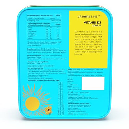 Vitamin D3 2000 IU with Sunflower Oil by Vitamins & Me - Vitamin D3 Supplement - Ideal for Men WomenAbsorption and Immunity (60 Soft Gelatin Capsules)