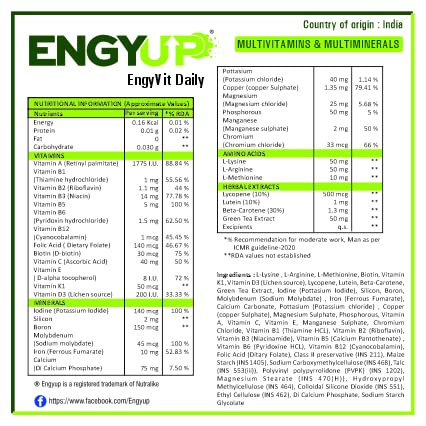 ENGYUP EngyVit Daily Multivitamin & Multimineral (60 Veg Tablets) | Blends of 32 Vital Ingredients & Herbal Extracts