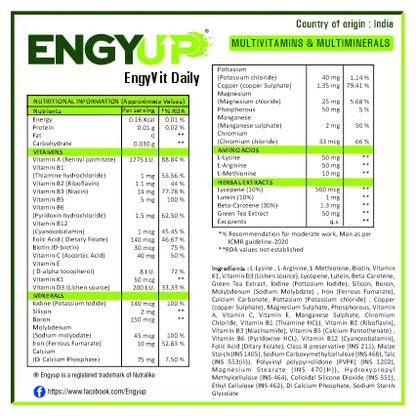 ENGYUP EngyVit Daily Multivitamin & Multimineral (60 Veg Tablets) | Blends of 32 Vital Ingredients & Herbal Extracts