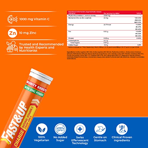 Fast&Up Charge with Natural Vitamin C and Zinc for Immunity - 60 Effervescent Tablets - Orange Flavour