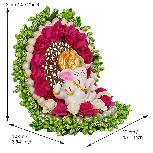 eCraftIndia Polyresin Lord Ganesha Idol on Handcrafted Green Floral Plate, God Idol for Car Dashboard, Home, Office Decor