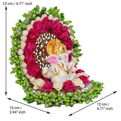 eCraftIndia Polyresin Lord Ganesha Idol on Handcrafted Green Floral Plate, God Idol for Car Dashboard, Home, Office Decor