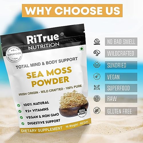 RiTrue Nutrition SEA MOSS Powder - 60 Gm - Irish Sourced - Seamoss Extract Dietary Supplement For Eating (Raw Honduran Gel)