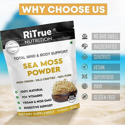 RiTrue Nutrition SEA MOSS Powder - 60 Gm - Irish Sourced - Seamoss Extract Dietary Supplement For Eating (Raw Honduran Gel)