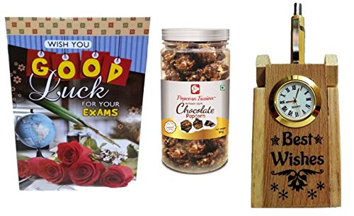 Velour Shoppe? Best of Luck Gift: Greeting Card, Chocolate Popcorn Jar, Pen with Stand & Hand Written Personal Message Option