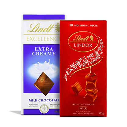 LINDT Excellence Extra Creamy Milk Chocolate Bar and LINDT Lindor Singles Milk Chocolate Box | Perfe with a Smooth Melting Filling | Pack of 2 | 100gm