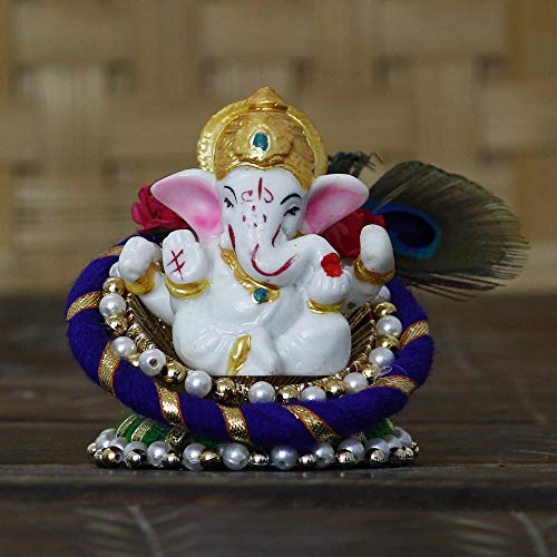 eCraftIndia Polyresin Lord Ganesha Idol on Decorative Handcrafted Floral Plate, God Idol for Car Dashboard, Home, Office Decor