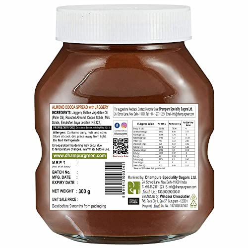 Dhampure Almond Spread Chocolate made with Cocoa and Jaggery, 100% Veg, Protein-Rich, Cold Processed, for Bread Spread, Smoothies, 300g