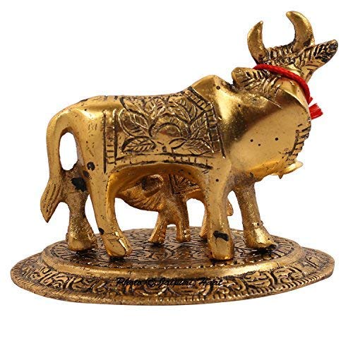 URBAN HAAT Prosper Kamdhenu Oxidised Gold Finished The Wish granting Cow and Calf Figurine Decorative Gift Item (Colour Gold) 12@11 cm