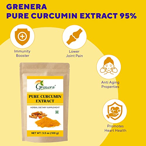 Grenera Pure Curcumin Extract Powder (Superior Turmeric Extract, 95% Curcuminoids) Immune & Joint Support, 100 grams