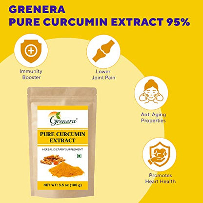 Grenera Pure Curcumin Extract Powder (Superior Turmeric Extract, 95% Curcuminoids) Immune & Joint Support, 100 grams