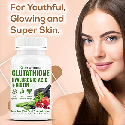 GOA NUTRITIONS Glutathione Tablets 1000mg (L Glutathione) With Vitamin E, C, Hyaluronic Acid, Biotined Extract. For Face, And Skin Health -60 (Pack 1)