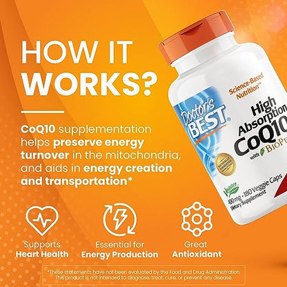 Doctor's Best High Absorption CoQ10 with BioPerine, Non-GMO, Gluten Free, Naturally Fermented, Veganlth and Energy Production, 400 mg, 180 Veggie Caps