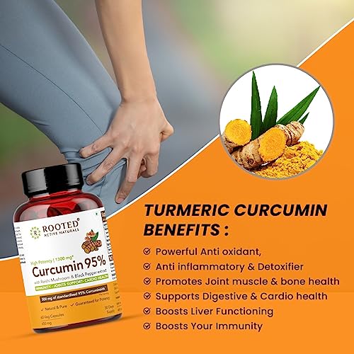 Rooted Curcumin (95%) Reishi & Black pepper Extract (for better absorbtion)1300mg, for Immunity, Joints Cardio Health| 60 VEG Capsules, 650 Mg each