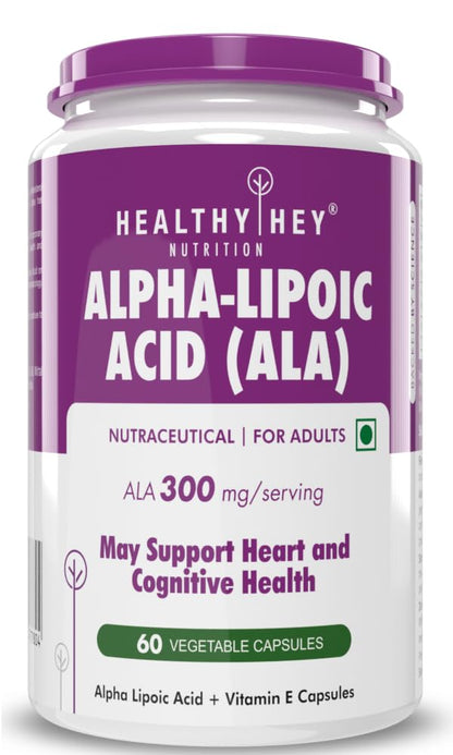 HealthyHey Nutrition Alpha Lipoic Acid - ALA- Pack of 60 Veg. Capsules - Gluten Free & Non-GMO