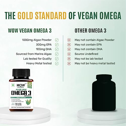 WOW Life Science Algae-Rich Omega 3 Capsules-Pack of 60 Vegetarian Capsules - EPA + DHA Enriched Vegan Capsules