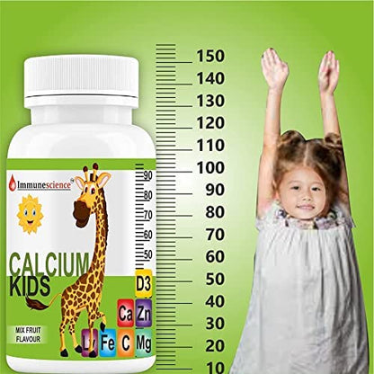 Immunescience Calcium For Kids With Vitamin D3 (Vit d), Magnesium, Zinc, Vitamin C, L lysine Multivi Teeth, Immunity, Growth & Development- 90 Tablets