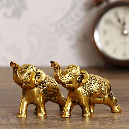 Set of 2 Golden Metal Elephant Statues, Animal Figurines Showpieces for Home Decor, Office, Bookshelf, Good Luck Gift