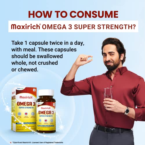 Cipla Maxirich Omega 3 | Super Strength Capsule | EPA 500mg | DHA 350mg | Immune Booster Capsules | rts Heart, Eye, Joint & Brain Health | 60 Capsules