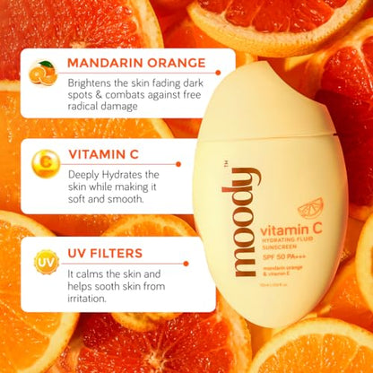 Moody SPF 50 PA+++ Vitamin C Sunscreen with UVA, UVB & Blue Light Protection for Glowing Skin| Long bsorbing | Zero White Cast | For Women & Men | 50g