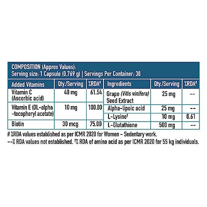 HealthKart HK Vitals Glutathione with Vitamin C & E, Biotin, Grape Seed Extract & Alpha Lipoic Acid,port, for Skin Glow and Hydration, 30 Veg Capsules