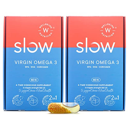 Wellbeing Nutrition Slow Virgin Omega 3 Fish Oil Capsules for Men & Women 1240mg | Triple Strength |ed Curcumin for Brain, Joint & Heart (60 Capsules)