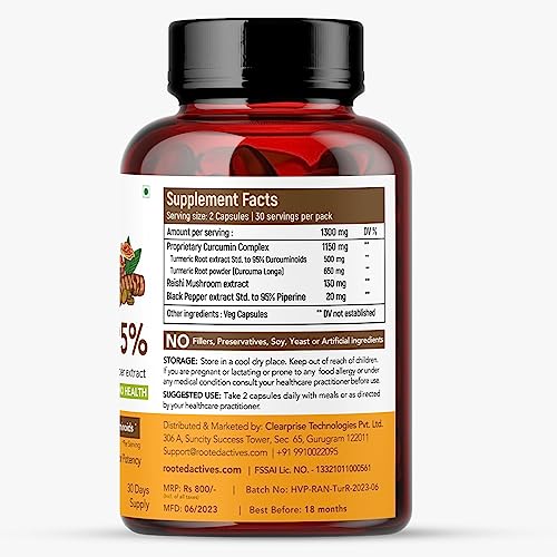 Rooted Curcumin (95%) Reishi & Black pepper Extract (for better absorbtion)1300mg, for Immunity, Joints Cardio Health| 60 VEG Capsules, 650 Mg each