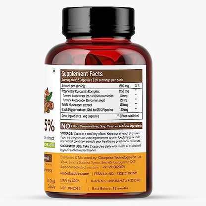 Rooted Curcumin (95%) Reishi & Black pepper Extract (for better absorbtion)1300mg, for Immunity, Joints Cardio Health| 60 VEG Capsules, 650 Mg each