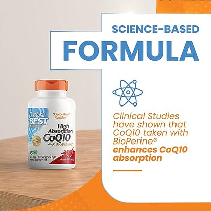 Doctor's Best High Absorption CoQ10 with BioPerine, Non-GMO, Gluten Free, Naturally Fermented, Veganlth and Energy Production, 400 mg, 180 Veggie Caps