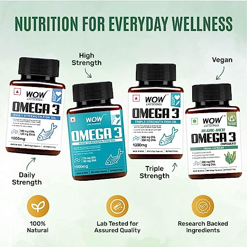 WOW Life Science Algae-Rich Omega 3 Capsules-Pack of 60 Vegetarian Capsules - EPA + DHA Enriched Vegan Capsules