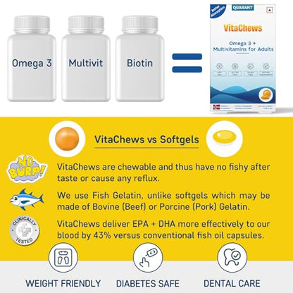 QUARANT VitaChews Omega 3 Fish Oil 500 mg + Multivitamin, 30 Sugar Free Gummies For Men & Women, 250Joints, Brain, Eyes & Total Health, Made in Norway