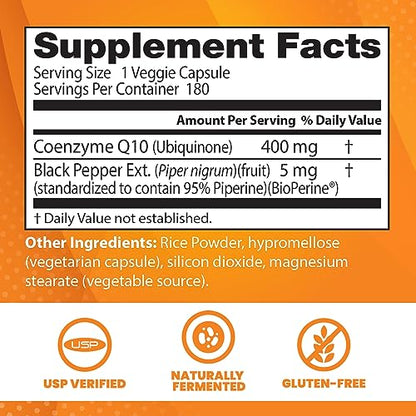 Doctor's Best High Absorption CoQ10 with BioPerine, Non-GMO, Gluten Free, Naturally Fermented, Veganlth and Energy Production, 400 mg, 180 Veggie Caps