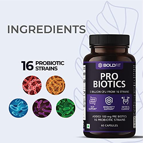 Boldfit Probiotics Supplement 5 Billion CFU For Men & Women with 16 Strains & Prebiotics - Gut Support, Digestion, Detox & Cleanse - 60 Veg Caps