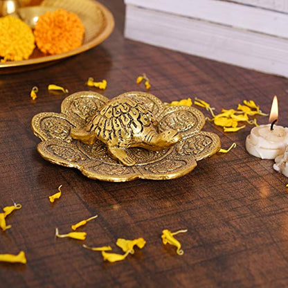 Metal Feng Shui Tortoise On Plate Showpiece - Gold Tortoise for Good Luck Money - Best Gift for Career and Good Luck Vastu